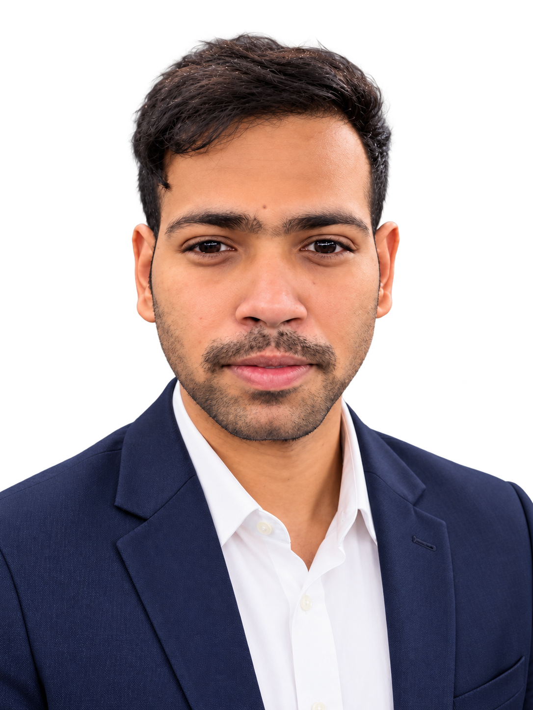 Sree in a navy blazer and white shirt